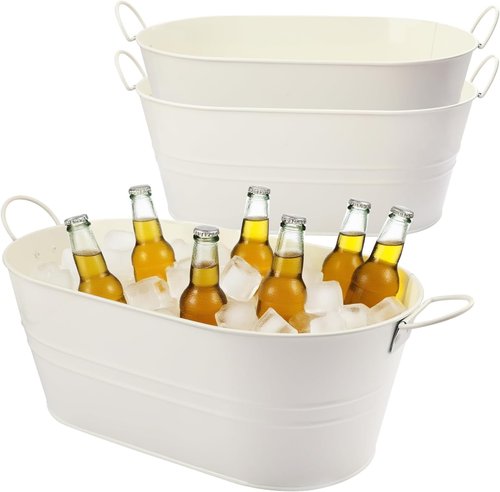 3 PCS 15.3 x 9 x 6 inches White Metal Galvanized Tub with Handles, 3 Gallon Galvanized Beverage Tubs for Parties, Large Metal Drink Ice Buckets for Beer, Wine, Cocktails & Outdoor Events