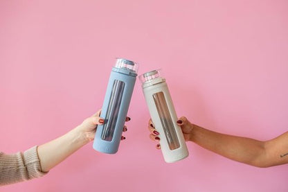 Ello Syndicate 20oz Reusable Glass Water Bottle - One-Touch Leak-Proof Lid, Non-Slip Sleeve | Tech Blue