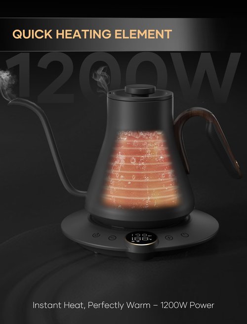 Electric Kettles, Cocinare Gooseneck Electric Kettle, ±1℉ Temperature Control, Stainless Steel Inner, Quick Heating, for Pour Over Coffee, Brew Tea, Boil Hot Water, 0.9L (Wood)