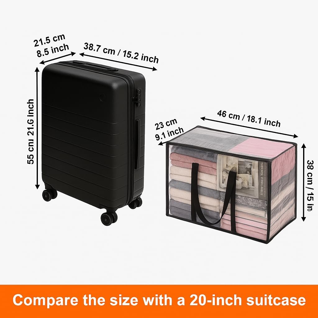 Vieshful Clear Clothes Storage Bags - 40L Zippered Organizer for Blankets, Comforters & Toys | Foldable Design