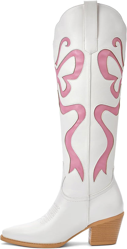 Skiennix Cowgirl Boots - Women's Knee-High Cowboy Boots with Colorful Bow Embroidery | White, Pointed Toe, Chunky Heel