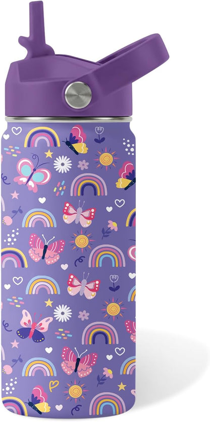 Skiennix 16oz Purple Kids Water Bottle - Stainless Steel Insulated Tumbler with Straw Lid | Leakproof & BPA-Free, Perfect for School & Travel