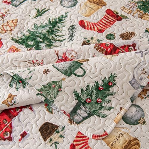 Christmas Daybed Cover Set Twin - Red Green Snowflake & Reindeer 39x75 with Shams
