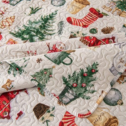 Christmas Daybed Cover Set Twin - Red Green Snowflake & Reindeer 39x75 with Shams