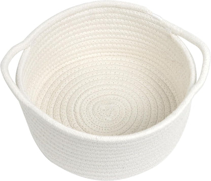 Small Woven Basket with Handle - Cute White Storage Bin for Organizing | Cotton Rope Nursery Gift Basket