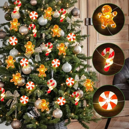 Battery-Operated Christmas Lights 16ft Gingerbread & Candy Cane Ornaments, 40 LEDs Timer