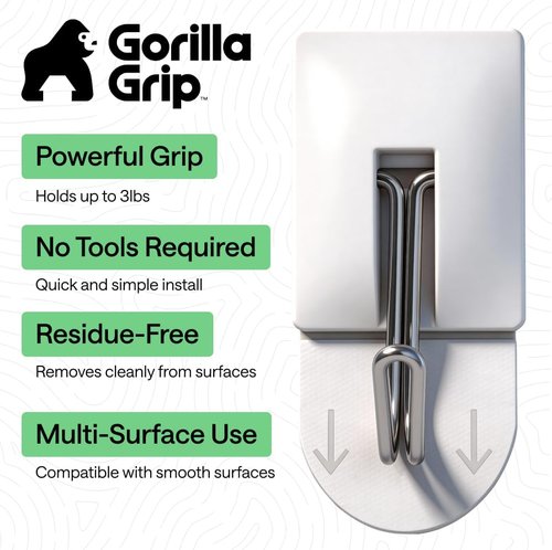 GORILLA GRIP Heavy Duty Adhesive Hooks - Damage-Free Wall Hangers for Kitchen & Bathroom | 5 Pack with 2 Extra Strips