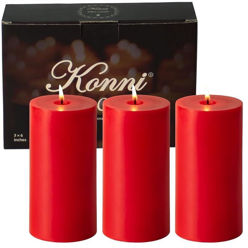Red Pillar Candles Set of 3 x 6in - Unscented, Smokeless & Dripless 56-Hour Burn Time