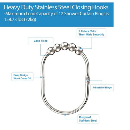MENGJINGO 12PCS Wide Shower Curtain Hooks Rings, Rust Proof Stainless Steel, Heavy Duty Shower Hooks Rings for Bathroom Shower Rods Curtains Liners, Easy Glide Rollers, Set of 12,Chrome