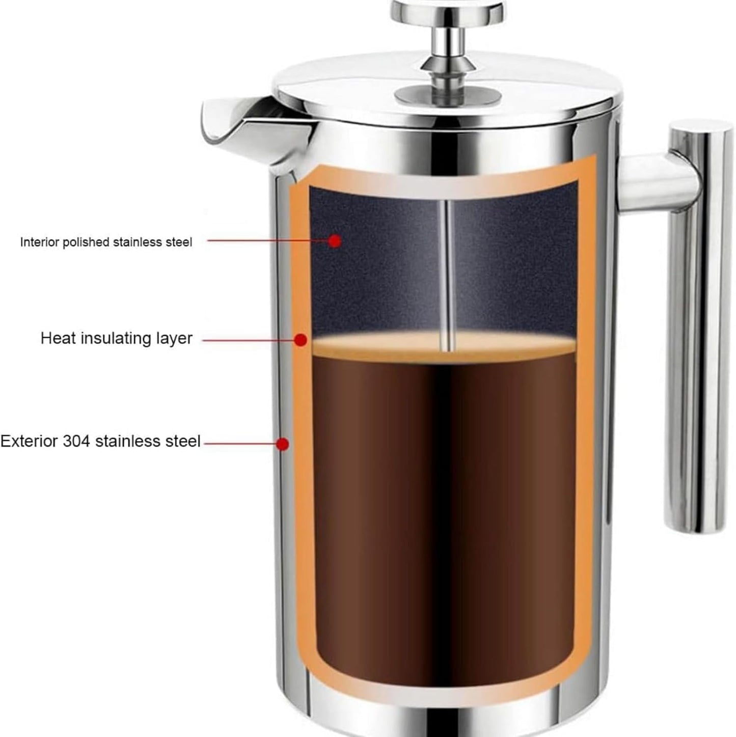 Skiennix French Press Coffee Maker - Stainless Steel Double Wall Insulated 34 oz | Portable Hot & Cold Brew Teapot for Kitchen & Camping