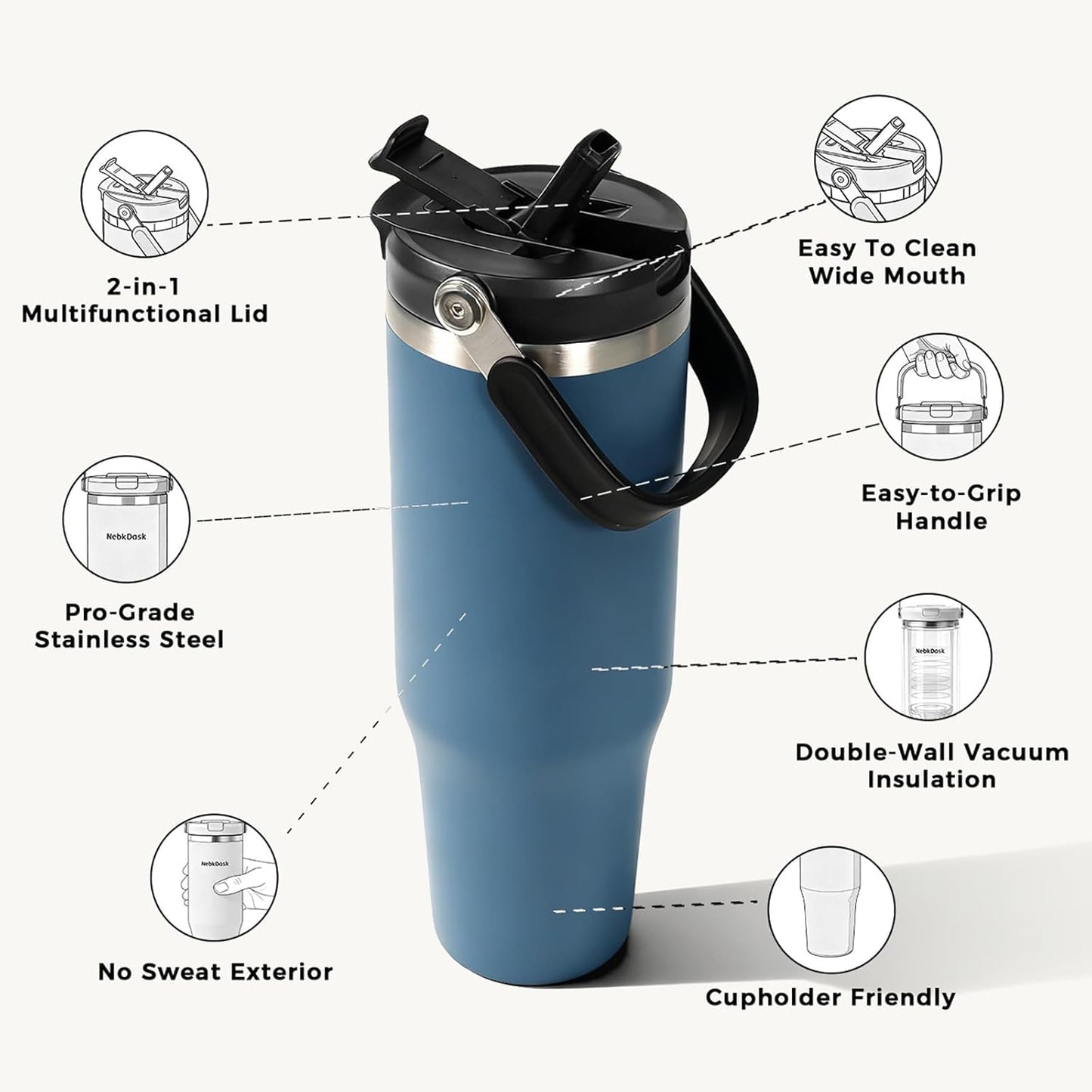 Skiennix 40 Oz Insulated Stainless Steel Water Bottle - 2-in-1 Straw & Spout Lid, Leak-Proof, Blue