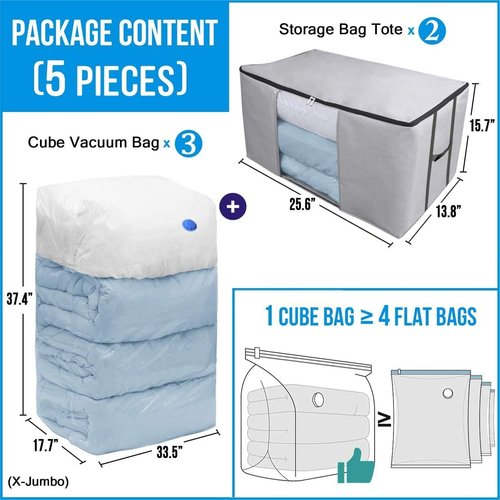 Cube Vacuum Storage Bags - Premium Space Saver Totes with Compression Seal for Clothing & Bedding | Jumbo Organizer for Comforters, Blankets & Pillows