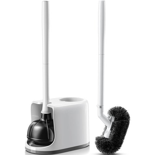 HAMITOR Toilet Plunger Bowl Brush Combo：Heavy Duty Rubber for Drain Clog Remover - Curved Design Bristles for Deep Cleaning Under Rim - Compact Bathroom Cleaning Tools for New Homet Essentials - White