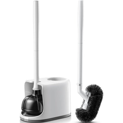 HAMITOR Toilet Plunger Bowl Brush Combo：Heavy Duty Rubber for Drain Clog Remover - Curved Design Bristles for Deep Cleaning Under Rim - Compact Bathroom Cleaning Tools for New Homet Essentials - White
