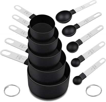 Skiennix Measuring Cups and Spoons Set - 10-Piece Nesting Kitchen Tools with Stainless Steel Handles | Black