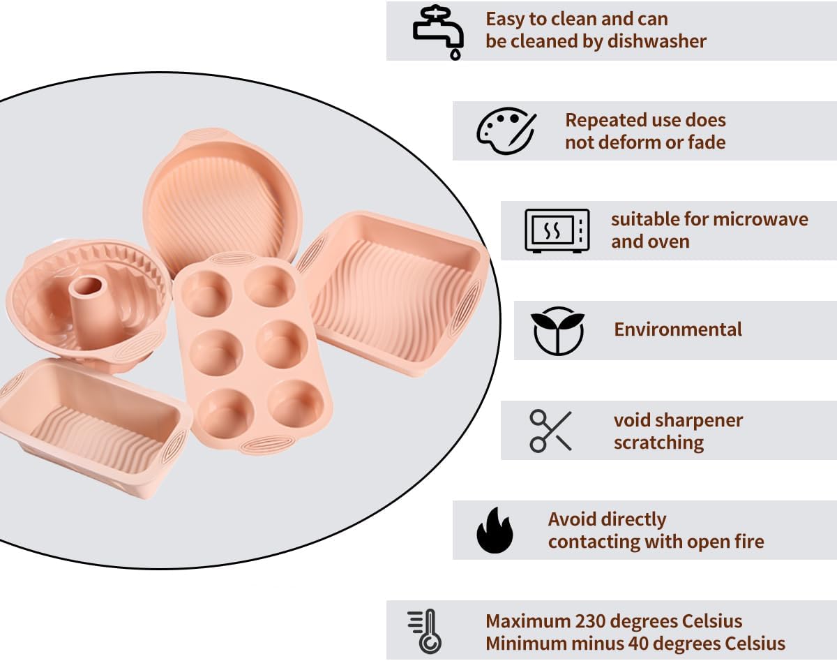 Skiennix 10-in-1 Nonstick Silicone Baking Set - BPA Free Heat Resistant Molds for Muffins, Loaves & More (Pink)