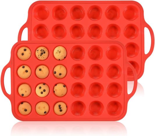CAKETIME Silicone Mini Muffin Pan - 24-Cup BPA-Free Muffin Tin with Metal Reinforcement & Handles | Red, 2-Pack