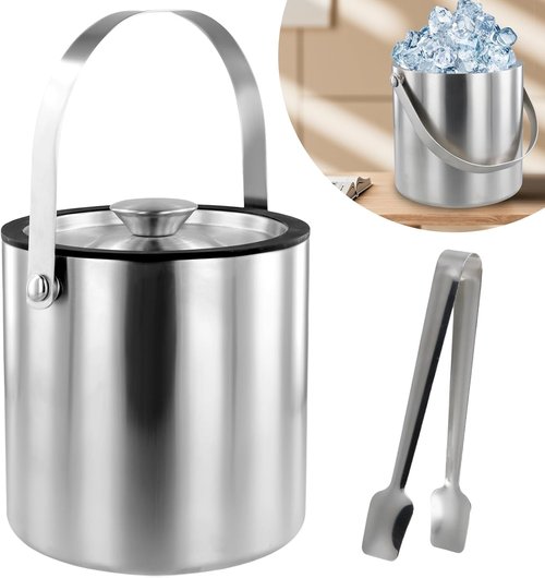 Ice Bucket with Lid Strainer Tong,2QT Double Walled Stainless Steel Insulated Ice Bucket Container,Good Sealing Ice Cube Bucket with Cover for Chilling Beer Cocktail Bar Parties