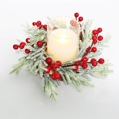 Skiennix Christmas Wreath Candle Rings - 2pcs Artificial Cedar & Cypress with Red Berries | Holiday Table Decor