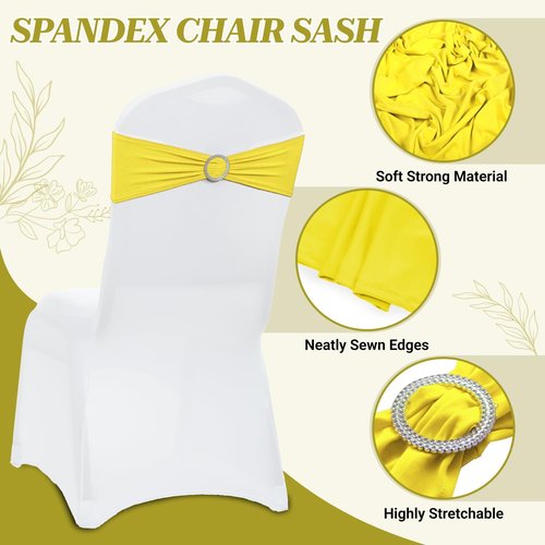 MDS Spandex Chair Sashes - Premium Stretch Covers with Buckle Slider for Weddings & Events | Pack of 50 - Yellow