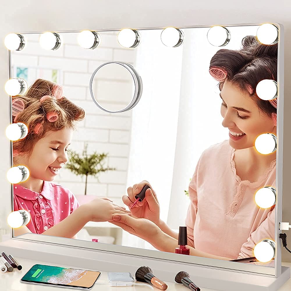 Depuley Vanity Mirror with Lights, 23In Hollywood Large Lighted Makeup Mirror with Smart Touch Control Screen & USB-Powered 15 Dimmable LED Lights for Dressing Room, Bedroom, Tabletop, White