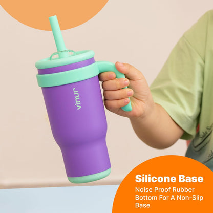 VINUR Kids Tumbler - 14 oz Stainless Steel Double Wall Vacuum Cup with Handle & Straw | Leak-Proof Rose Pink