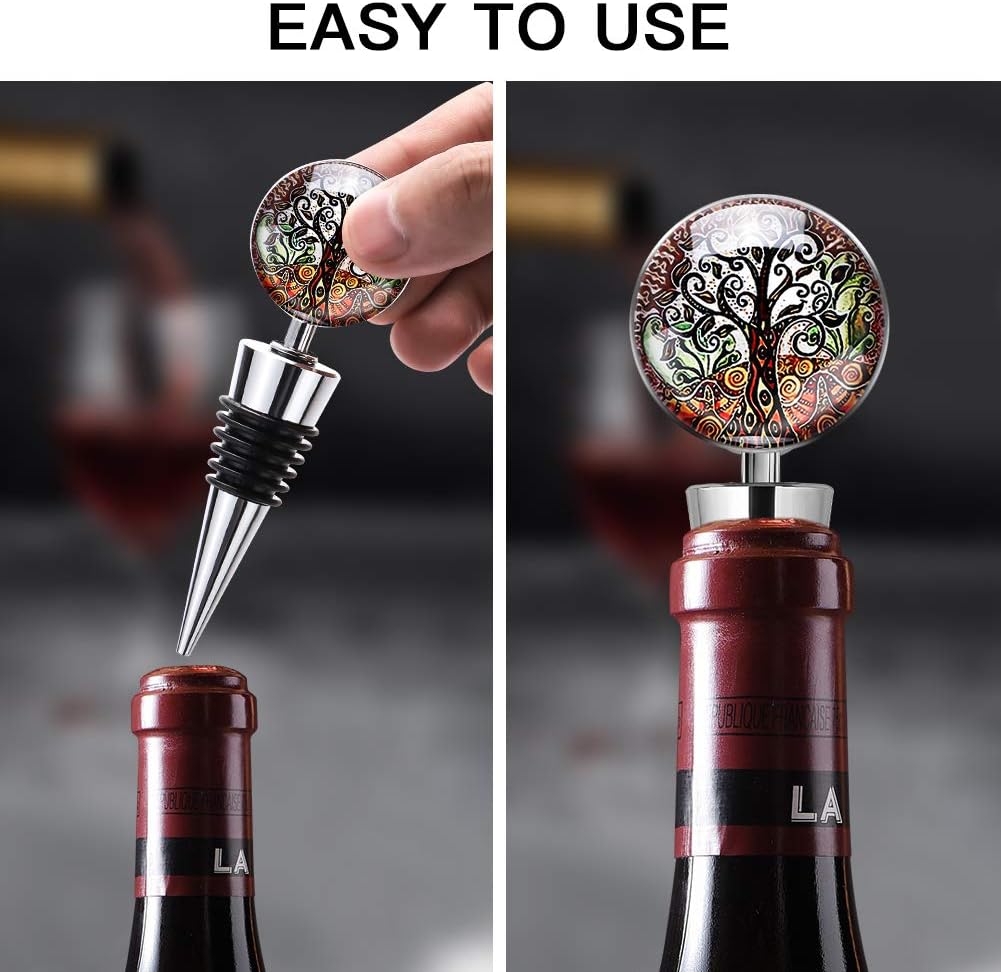 Soleebee 3 Pack Decorative Wine Stoppers, Wine Bottle Stopper with Beautiful Art Glass, Reusable Beverage Bottle Stoppers for Bar, Gifts, Holiday Party, Kitchen Decor (Tree of Life)