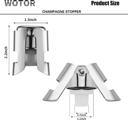 WOTOR Champagne Stoppers with Stainless Steel Champagne Bottle Stopper with Food Grade Silicone Reusable Champagne Cork, Saver Suitable for Champagne, Cava, Prosecco, Sparkling Wine (Silver, 2pack)