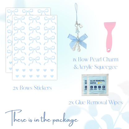 Romukuku Bows Stickers for Custom Owala Accessories, Heart Decals Transfer Stickers for Water Bottles, Bows Pearl Charms for Owala (Light Blue)
