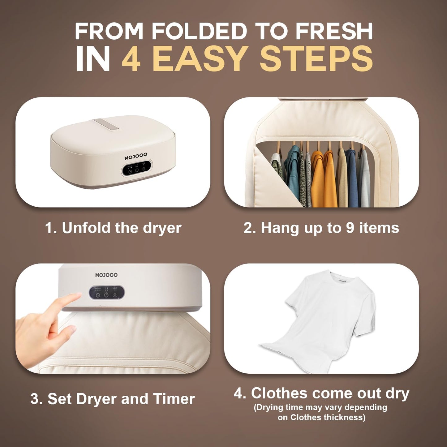 MOJOCO Portable Clothes Dryer - Compact Mini Dryer for Travel & Apartments | Quiet, Fast-Drying with Adjustable Timer