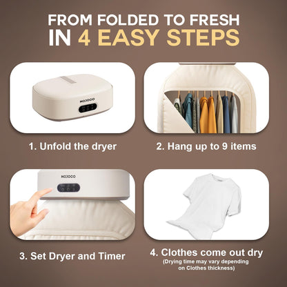 MOJOCO Portable Clothes Dryer - Compact Mini Dryer for Travel & Apartments | Quiet, Fast-Drying with Adjustable Timer