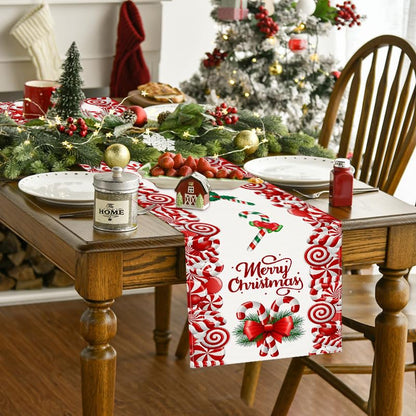 Christmas Linen Red and White Candy Cane Table Runner 72 Inches - Seasonal Holiday Farmhouse Decor - Variation: Red