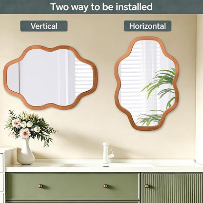 Cloud-Shaped Wall Mirror 20x30 in with Solid Wood Frame, Tempered Glass, Irregular Silhouette - Yellowish-Brown