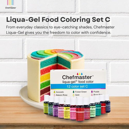 Chefmaster - Liqua-Gel Food Coloring - 12 Vibrant Colors Set - Fade Resistant & Easy to Blend - Made in the USA
