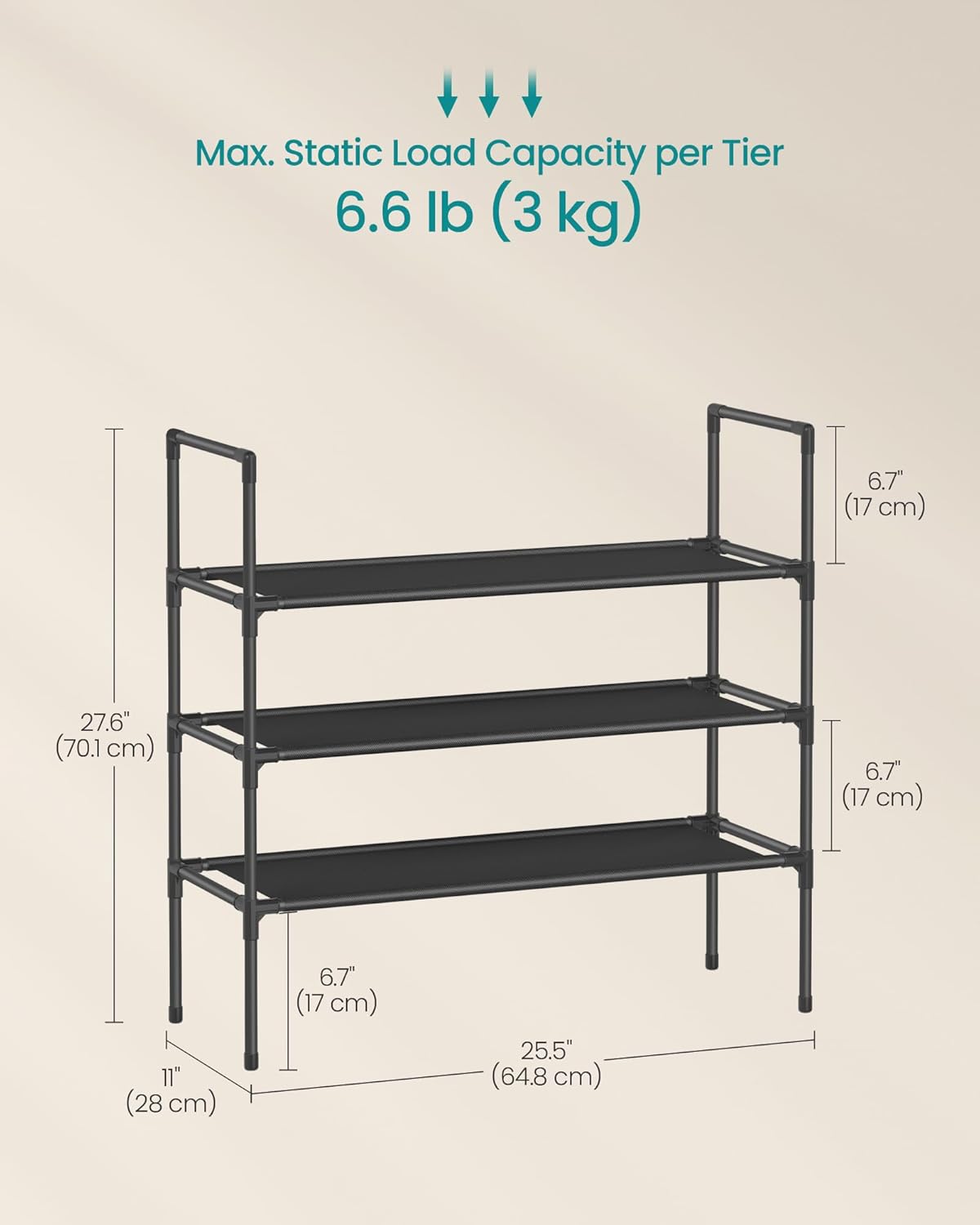 SONGMICS 3-Tier Shoe Rack - Slim Space-Saving Storage for Hallway Closet - Metal Frame, Black