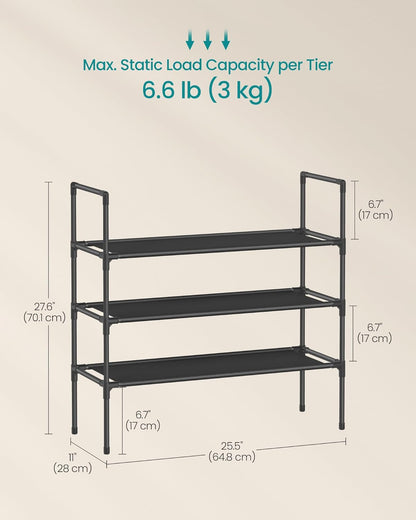 SONGMICS 3-Tier Shoe Rack - Slim Space-Saving Storage for Hallway Closet - Metal Frame, Black