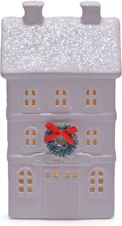 Mark Feldstein & Associates Holiday Wreath Village - 18-Piece White Porcelain LED Christmas Figurines with Trees