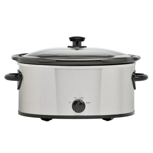 6 Quart Oval Slow Cooker, Stainless Steel Finish, Glass Lid, Adjustable Temp, Perfect for Families and Gatherings Entertaining, Silver