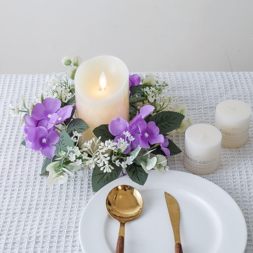 Regine Switzerland Candle Rings - Artificial Hydrangea & Eucalyptus Wreaths for Boho Decor | Purple