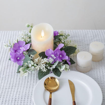 Regine Switzerland Candle Rings - Artificial Hydrangea & Eucalyptus Wreaths for Boho Decor | Purple