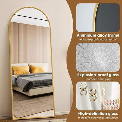 Full-Length Arched Floor Mirror with Gold Frame – 71 x 26 in Freestanding Dressing Mirror