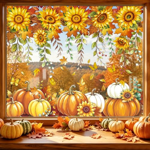 Fall Window Clings Pumpkin Sunflower Decor 8 Sheets Autumn Glass Stickers