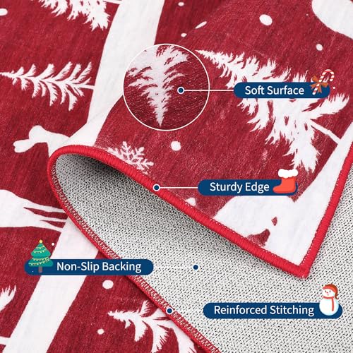 Red 9x12 Christmas Rug with Reindeer & Snowflakes - Washable Non-Slip Living Room Carpet