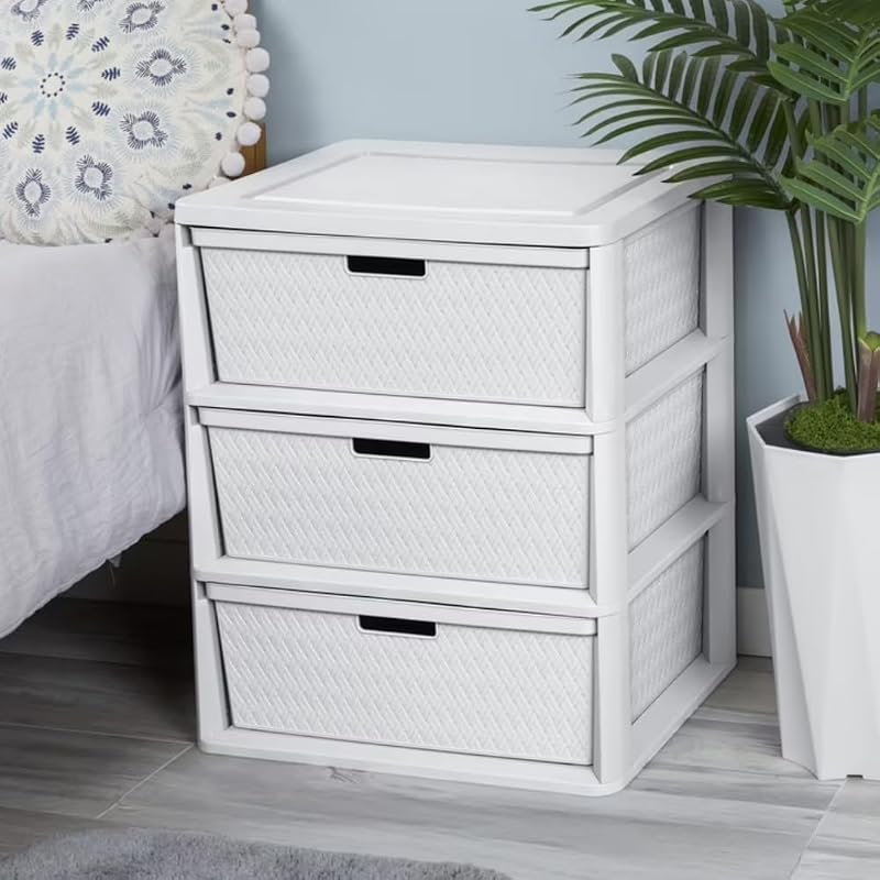 2 Pack Wide 3-Drawer Storage Tower with Removable Bins — White Cross-Weave Organizer (Variation: White)