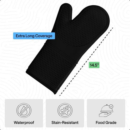 GORILLA GRIP Silicone Oven Mitts - BPA-Free, Heat Resistant, Waterproof | Set of 2, Black, 14.5x8.3 Inches