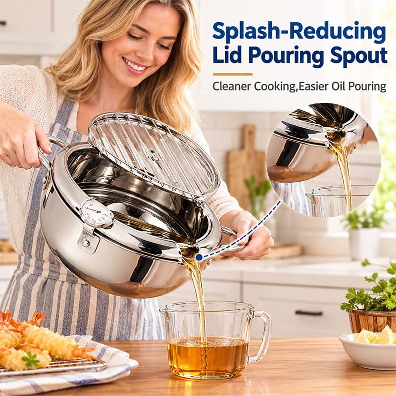 11-Inch Stainless Steel Deep Fryer Pot with Thermometer & Splash Lid - ROVIA