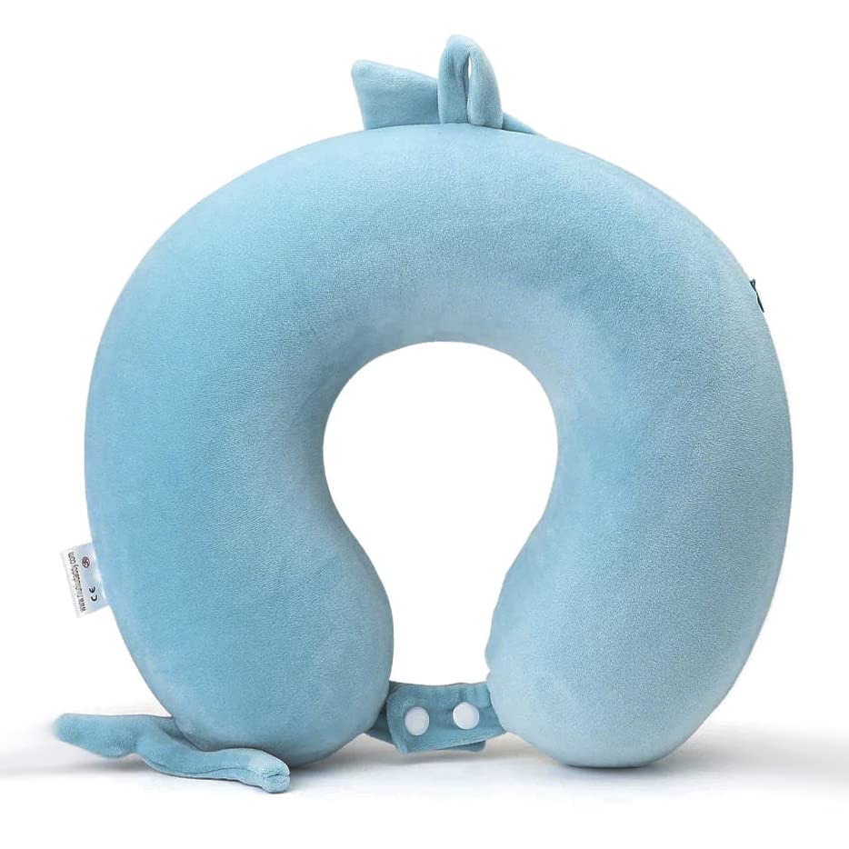 Travel Pillow Memory Foam Head Support Pillows Animal U Shaped Neck Pillow Attachable Snap for Sleeping Car Travel Home Office (Blue-Shark)