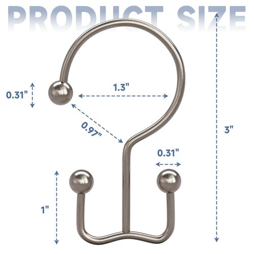 Titanker Shower Curtain Hooks Nickel, Minimalist Simple Double Glide Shower Curtain Rings, Rust Proof Metal Shower Hooks Rings for Bathroom Shower Rods Curtains, Set of 12 Hooks