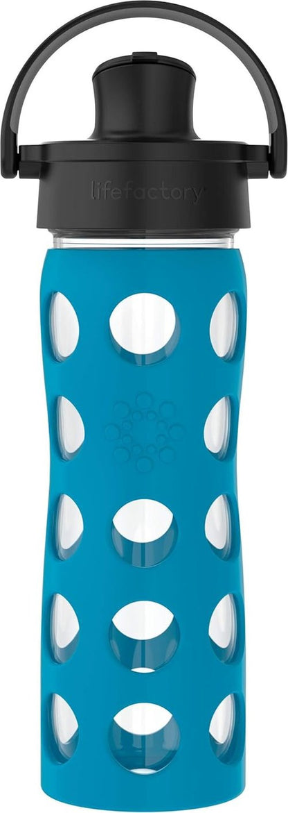 Lifefactory 16-Ounce Glass Water Bottle - Active Flip Cap & Silicone Sleeve | Teal Lake