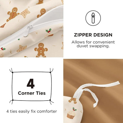 Beige Cartoon Christmas Duvet Cover Twin - 1 Duvet Cover + 1 Pillowcase, Microfiber, For Kids & Adults (Variation: Beige Cartoon+Twin(No Comforter))